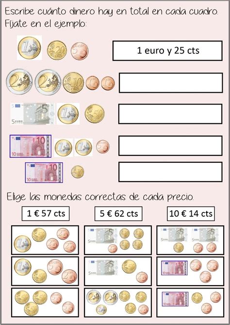 ejercicios fichas de monedas y billetes de euro para imprimir|CUADERNO DE MONEDAS Y BILLETES